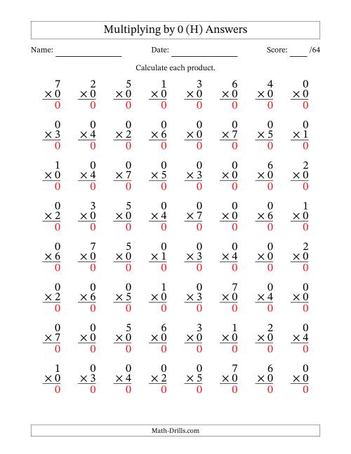 The Multiplying (0 to 7) by 0 (64 Questions) (H) Math Worksheet Page 2