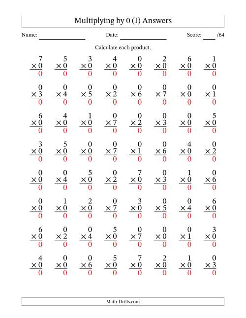 The Multiplying (0 to 7) by 0 (64 Questions) (I) Math Worksheet Page 2