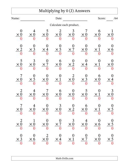 The Multiplying (0 to 7) by 0 (64 Questions) (J) Math Worksheet Page 2