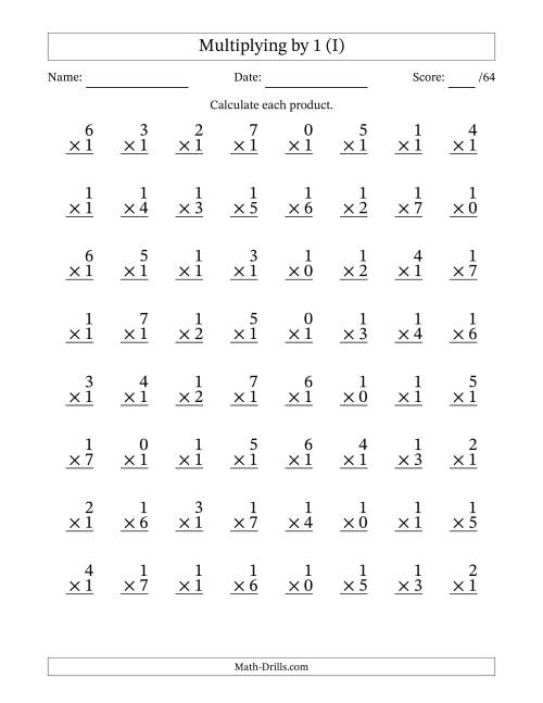 The Multiplying (0 to 7) by 1 (64 Questions) (I) Math Worksheet