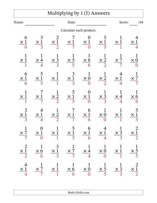 The Multiplying (0 to 7) by 1 (64 Questions) (I) Math Worksheet Page 2