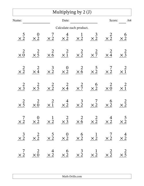 The Multiplying (0 to 7) by 2 (64 Questions) (J) Math Worksheet