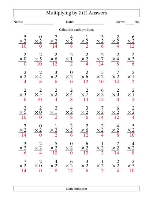 The Multiplying (0 to 7) by 2 (64 Questions) (J) Math Worksheet Page 2