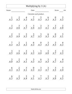 Multiplying (0 to 7) by 3 (64 Questions)