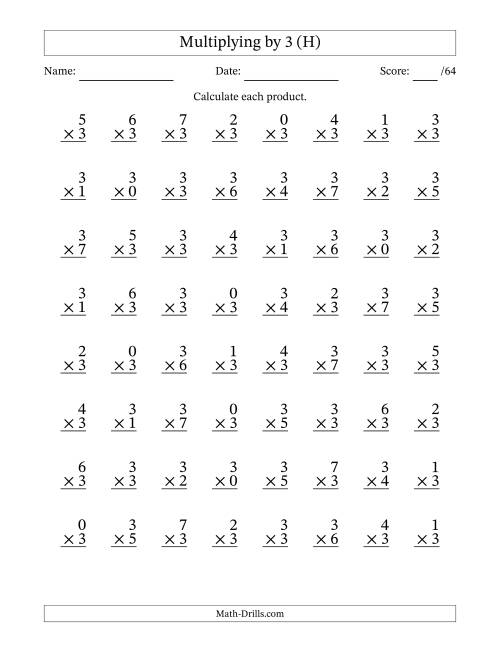 The Multiplying (0 to 7) by 3 (64 Questions) (H) Math Worksheet