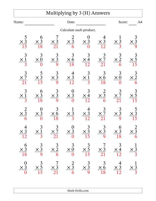 The Multiplying (0 to 7) by 3 (64 Questions) (H) Math Worksheet Page 2