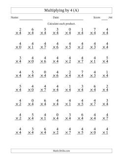 Multiplying (0 to 7) by 4 (64 Questions)