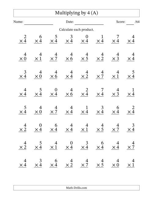 The Multiplying (0 to 7) by 4 (64 Questions) (A) Math Worksheet