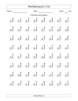 Multiplying (0 to 7) by 5 (64 Questions)