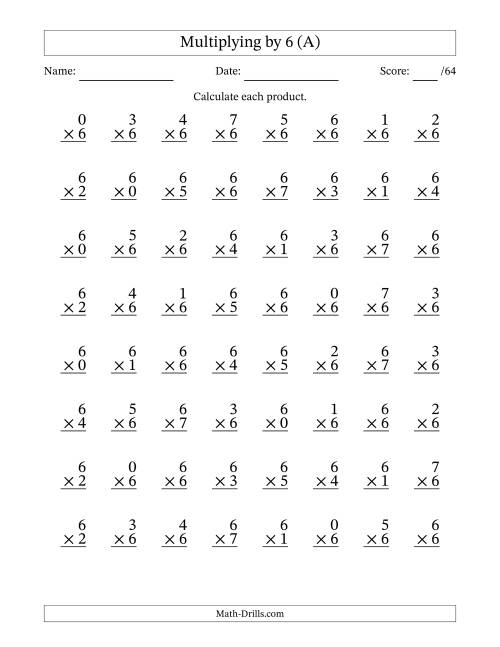 The Multiplying (0 to 7) by 6 (64 Questions) (A) Math Worksheet