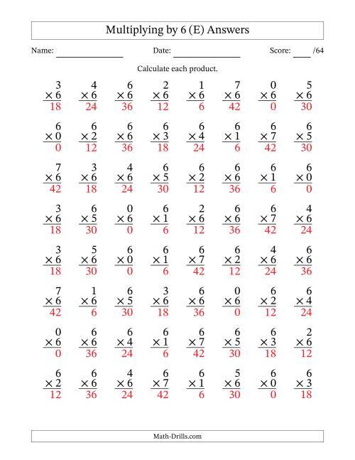 The Multiplying (0 to 7) by 6 (64 Questions) (E) Math Worksheet Page 2