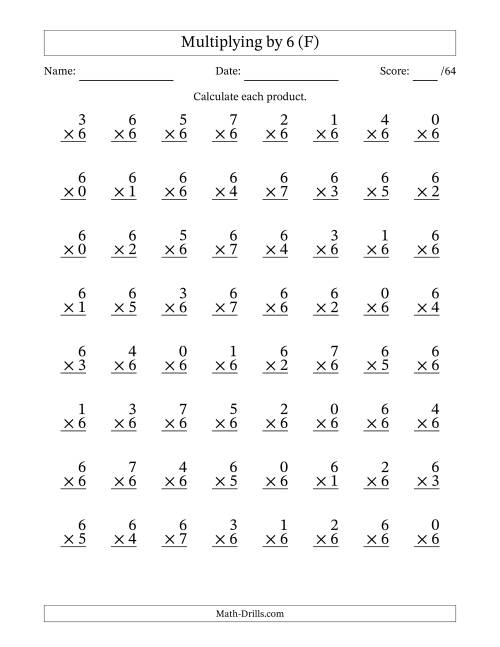 The Multiplying (0 to 7) by 6 (64 Questions) (F) Math Worksheet