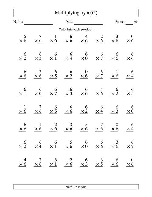 The Multiplying (0 to 7) by 6 (64 Questions) (G) Math Worksheet