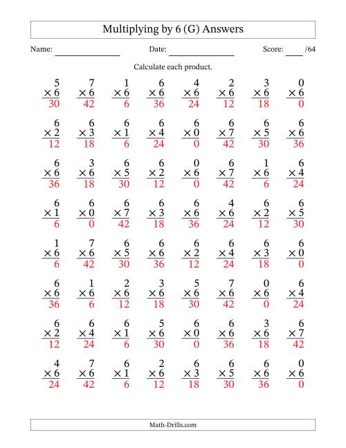 The Multiplying (0 to 7) by 6 (64 Questions) (G) Math Worksheet Page 2