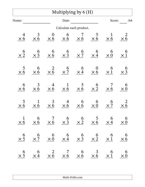 The Multiplying (0 to 7) by 6 (64 Questions) (H) Math Worksheet