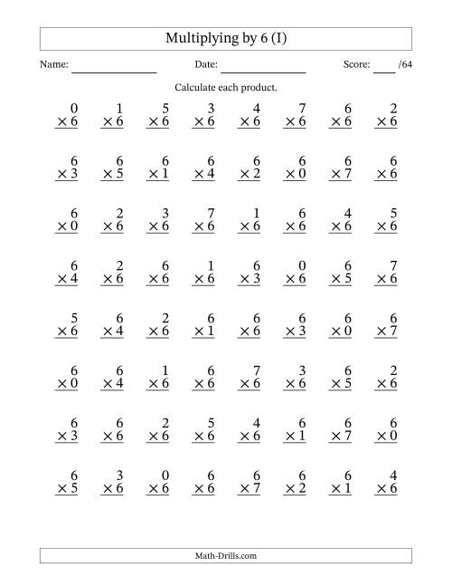 The Multiplying (0 to 7) by 6 (64 Questions) (I) Math Worksheet