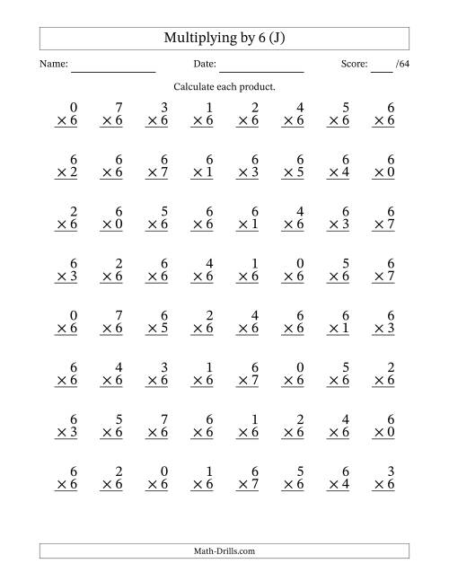 The Multiplying (0 to 7) by 6 (64 Questions) (J) Math Worksheet