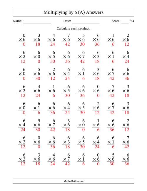 The Multiplying (0 to 7) by 6 (64 Questions) (All) Math Worksheet Page 2