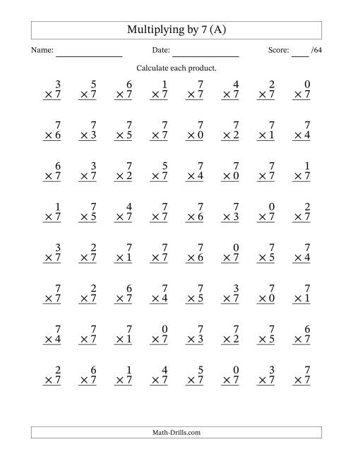 The Multiplying (0 to 7) by 7 (64 Questions) (A) Math Worksheet