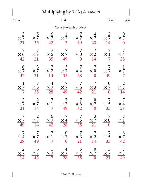 The Multiplying (0 to 7) by 7 (64 Questions) (A) Math Worksheet Page 2