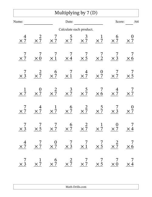 The Multiplying (0 to 7) by 7 (64 Questions) (D) Math Worksheet