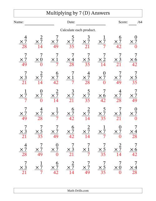 The Multiplying (0 to 7) by 7 (64 Questions) (D) Math Worksheet Page 2