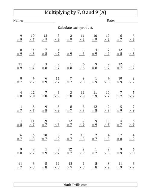 The Multiplying by Anchor Facts 7, 8 and 9 (Other Factor 1 to 12) (A) Math Worksheet