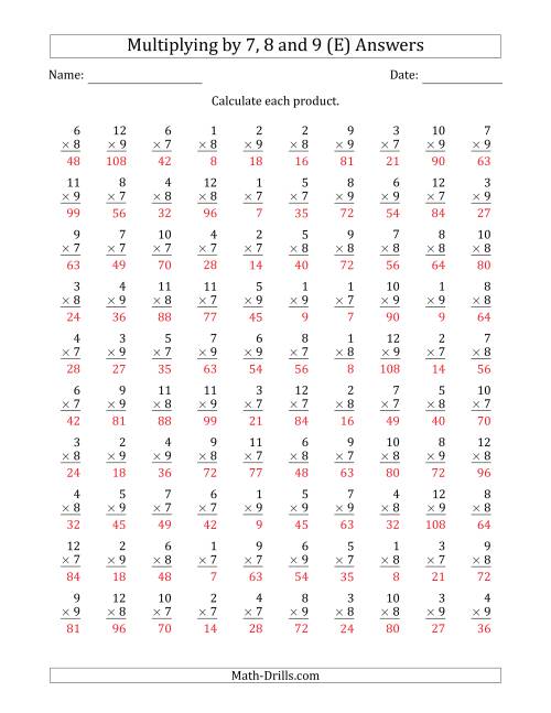 The Multiplying by Anchor Facts 7, 8 and 9 (Other Factor 1 to 12) (E) Math Worksheet Page 2