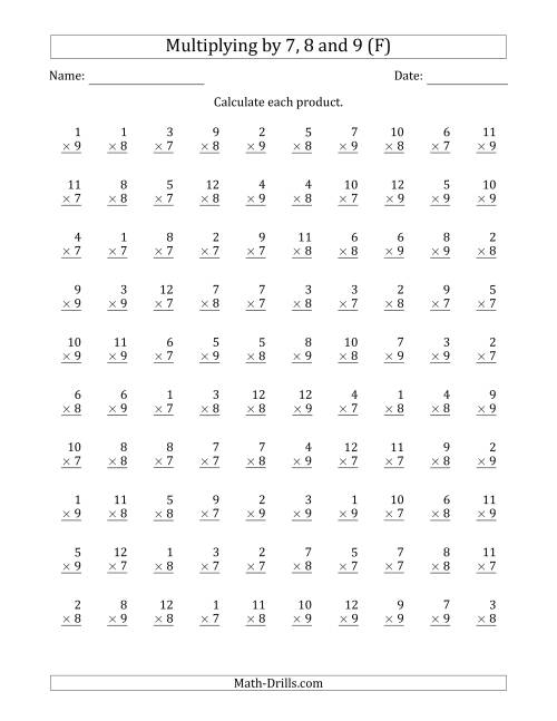The Multiplying by Anchor Facts 7, 8 and 9 (Other Factor 1 to 12) (F) Math Worksheet