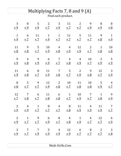 The Multiplying by Facts 7, 8 and 9 (Other Factor 1 to 12) (Old) Math Worksheet