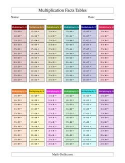 Multiplication Facts Tables in Color 13 to 24 (Answers Omitted)
