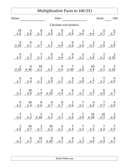 The Multiplication Facts to 100 (100 Questions) (No Zeros) (H) Math Worksheet