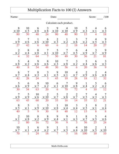 The Multiplication Facts to 100 (100 Questions) (No Zeros) (I) Math Worksheet Page 2