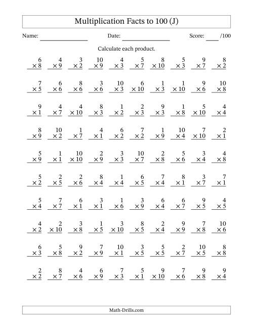 The Multiplication Facts to 100 (100 Questions) (No Zeros) (J) Math Worksheet