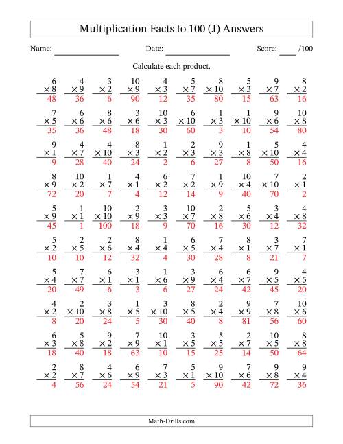 The Multiplication Facts to 100 (100 Questions) (No Zeros) (J) Math Worksheet Page 2