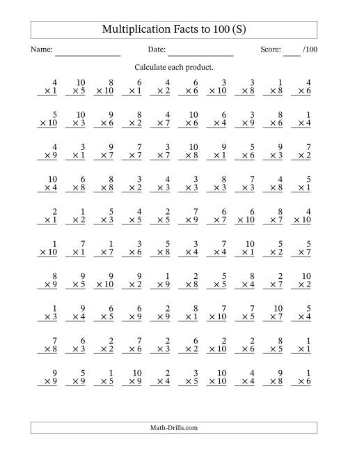The Multiplication Facts to 100 (100 Questions) (No Zeros) (S) Math Worksheet