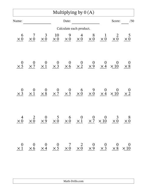 The Multiplying (1 to 10) by 0 (50 Questions) (A) Math Worksheet