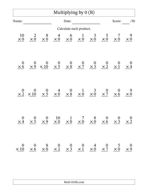 The Multiplying (1 to 10) by 0 (50 Questions) (B) Math Worksheet