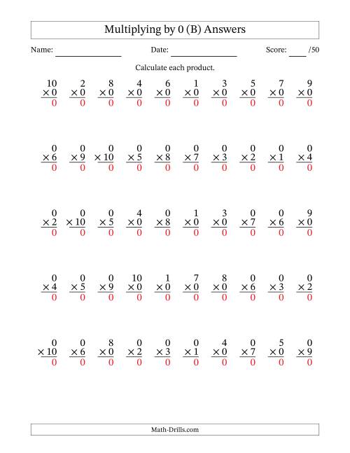 The Multiplying (1 to 10) by 0 (50 Questions) (B) Math Worksheet Page 2