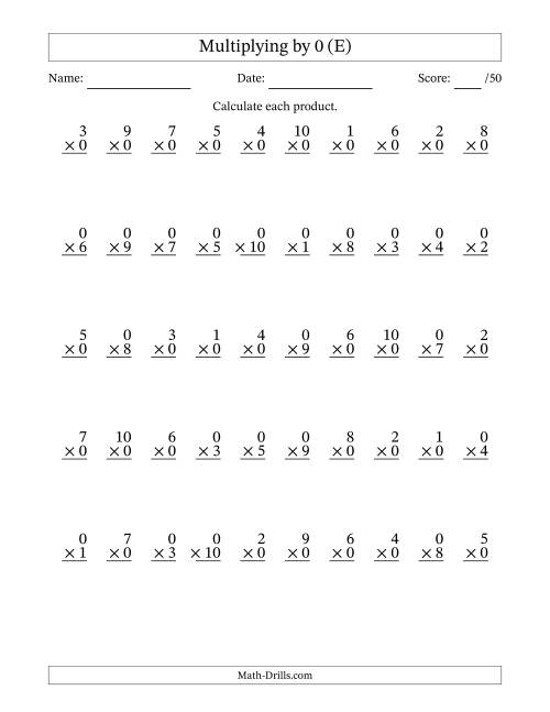 The Multiplying (1 to 10) by 0 (50 Questions) (E) Math Worksheet