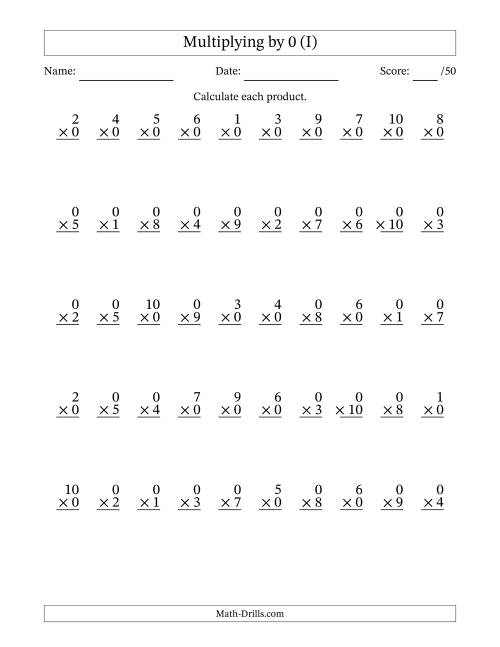 The Multiplying (1 to 10) by 0 (50 Questions) (I) Math Worksheet