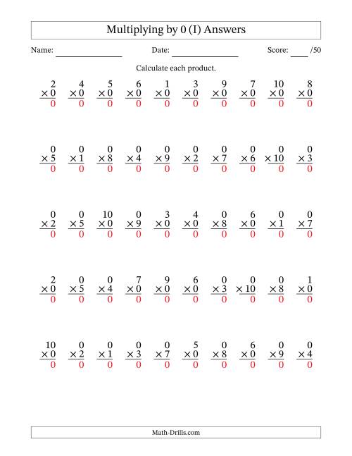 The Multiplying (1 to 10) by 0 (50 Questions) (I) Math Worksheet Page 2