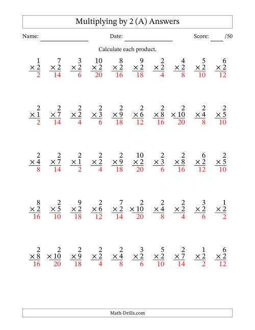 The Multiplying (1 to 10) by 2 (50 Questions) (A) Math Worksheet Page 2