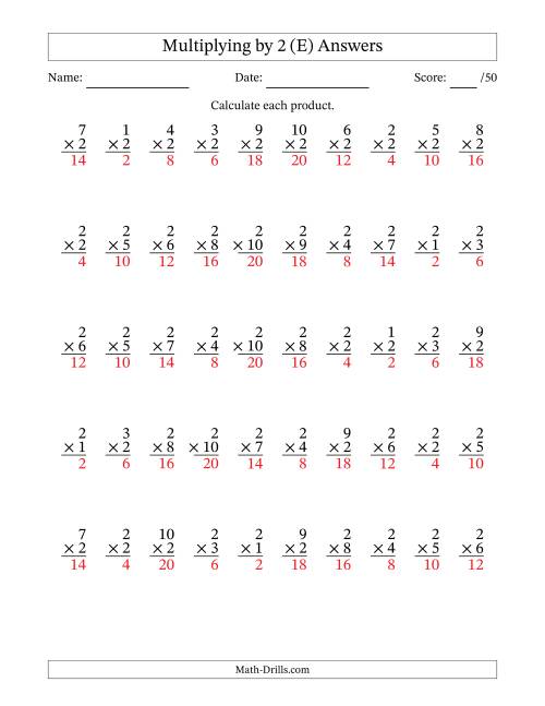 The Multiplying (1 to 10) by 2 (50 Questions) (E) Math Worksheet Page 2