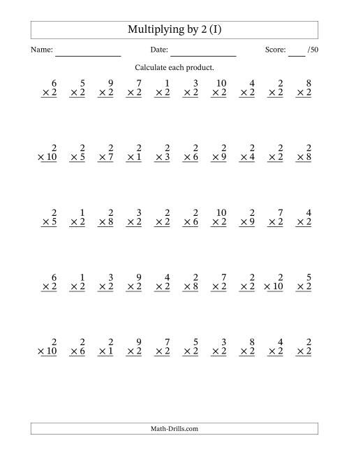 The Multiplying (1 to 10) by 2 (50 Questions) (I) Math Worksheet