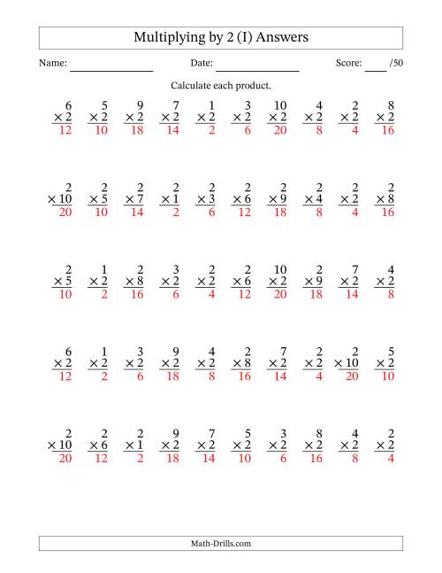 The Multiplying (1 to 10) by 2 (50 Questions) (I) Math Worksheet Page 2