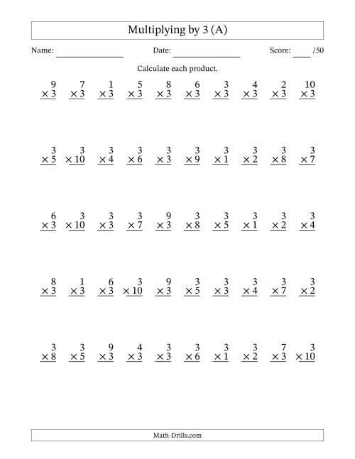 The Multiplying (1 to 10) by 3 (50 Questions) (A) Math Worksheet