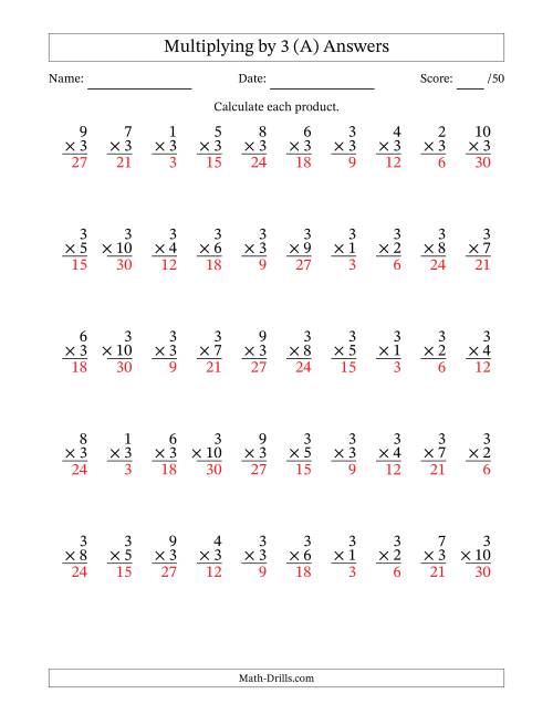 The Multiplying (1 to 10) by 3 (50 Questions) (A) Math Worksheet Page 2