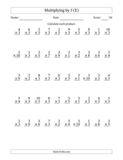 The Multiplying (1 to 10) by 3 (50 Questions) (E) Math Worksheet