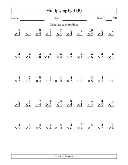 The Multiplying (1 to 10) by 4 (50 Questions) (B) Math Worksheet